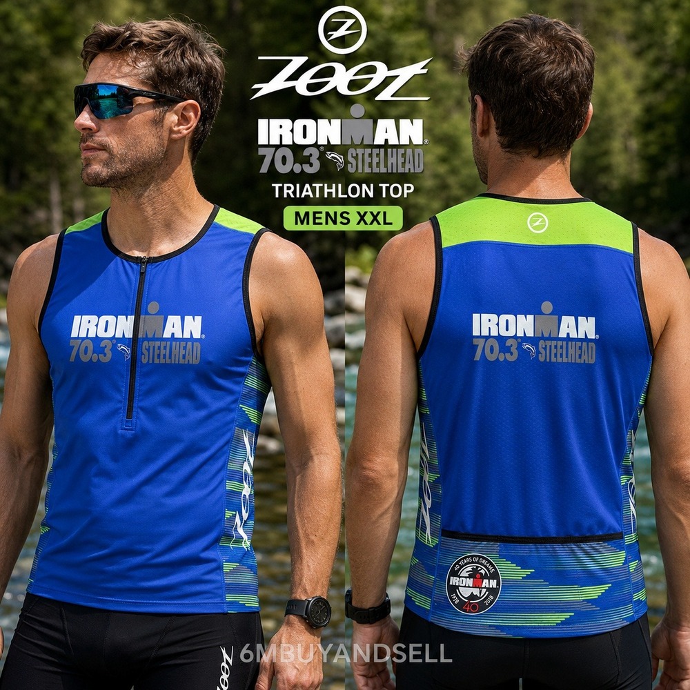 Zoot Ironman 70.3 Steelhead Triathlon Top Mens XXL Blue Green 1/2 Zip Sleeveless